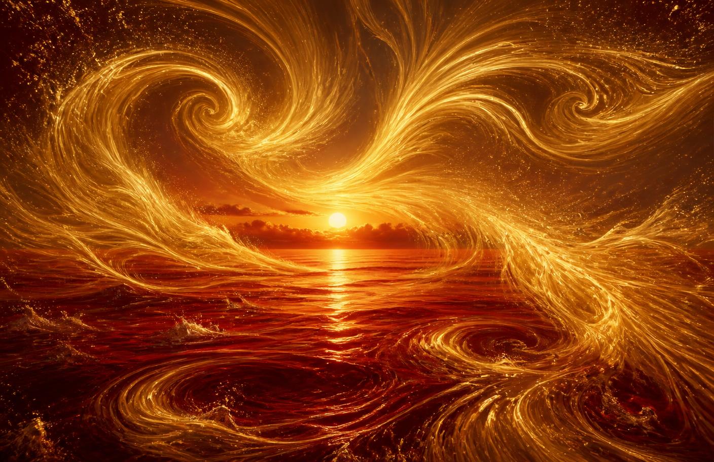 Golden breath swirling over dark crimson water at dawn