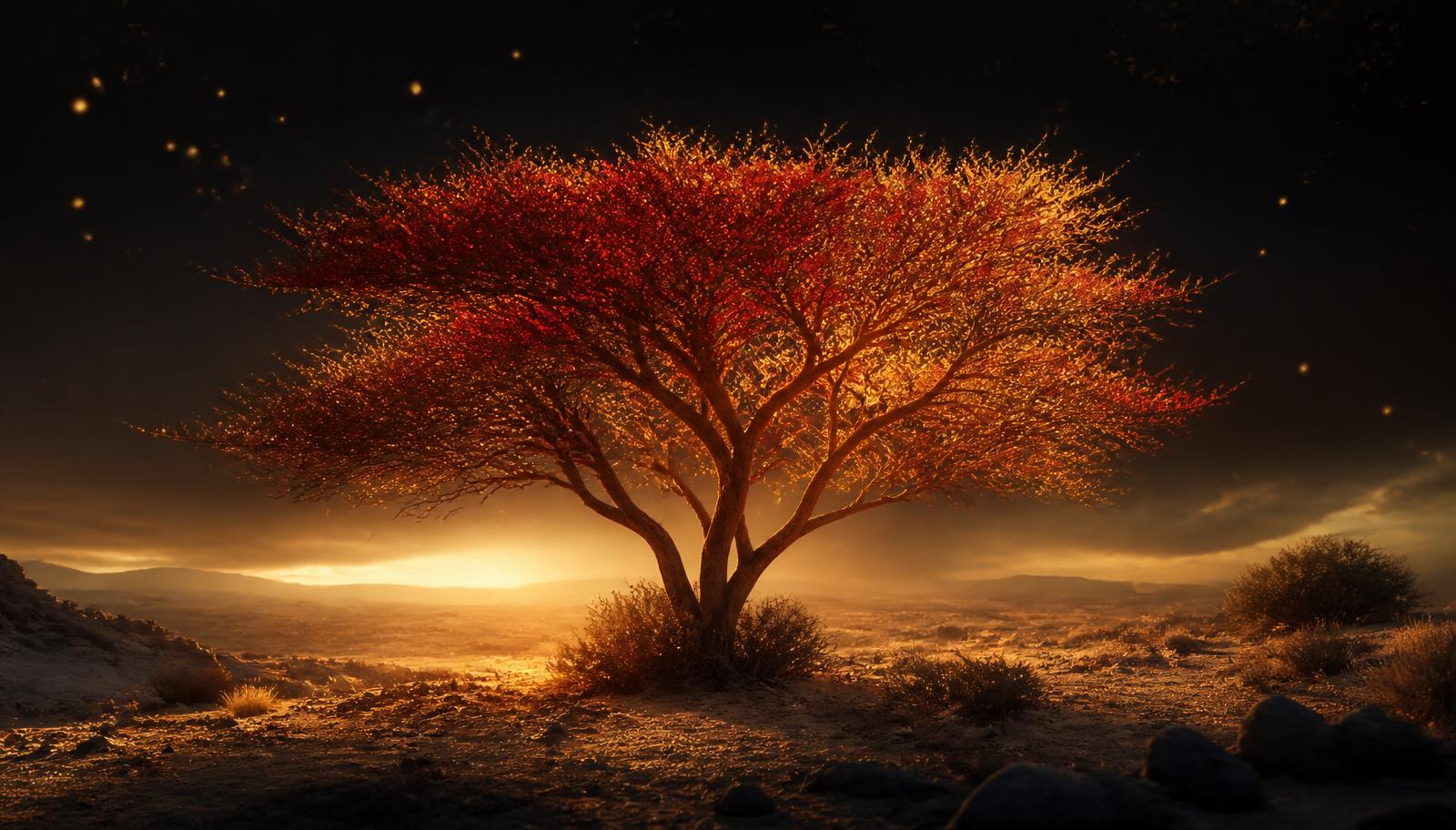 A desert bush alight with crimson and gold radiance at dusk, the branches unconsumed
