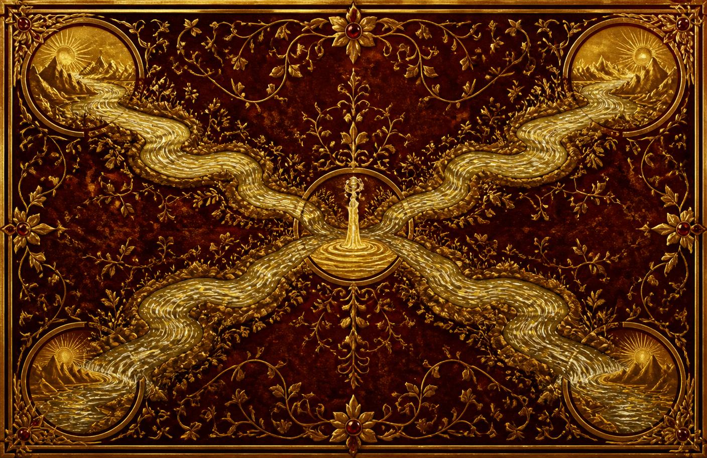 Illuminated gold and crimson artwork of one spring dividing into four rivers