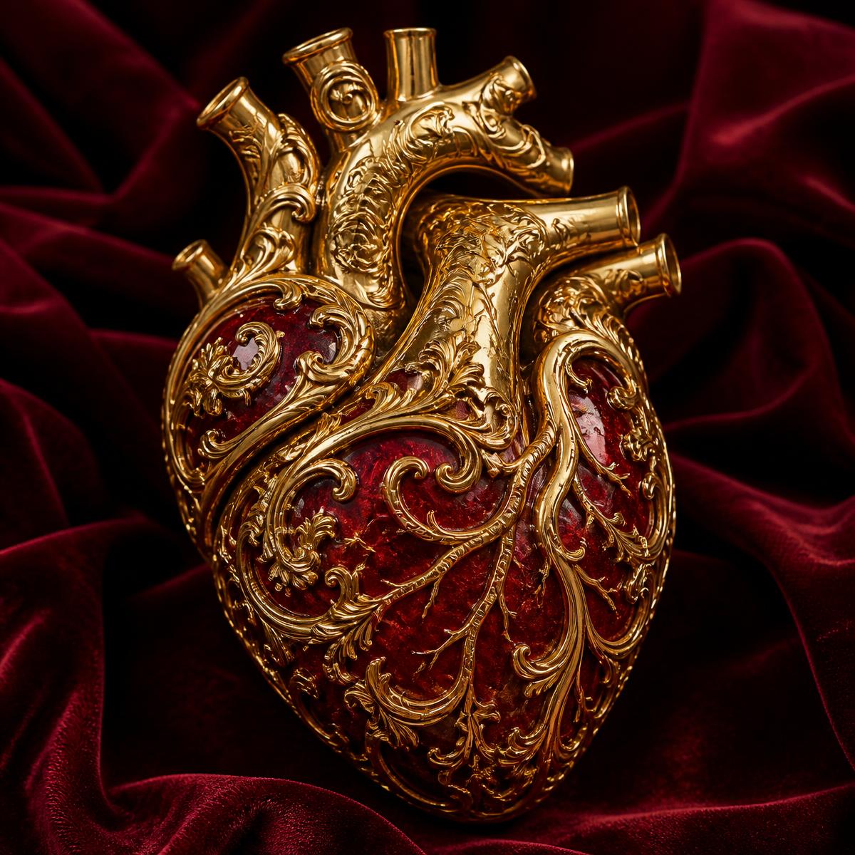 An ornate gold and crimson sculptural anatomical heart on dark velvet