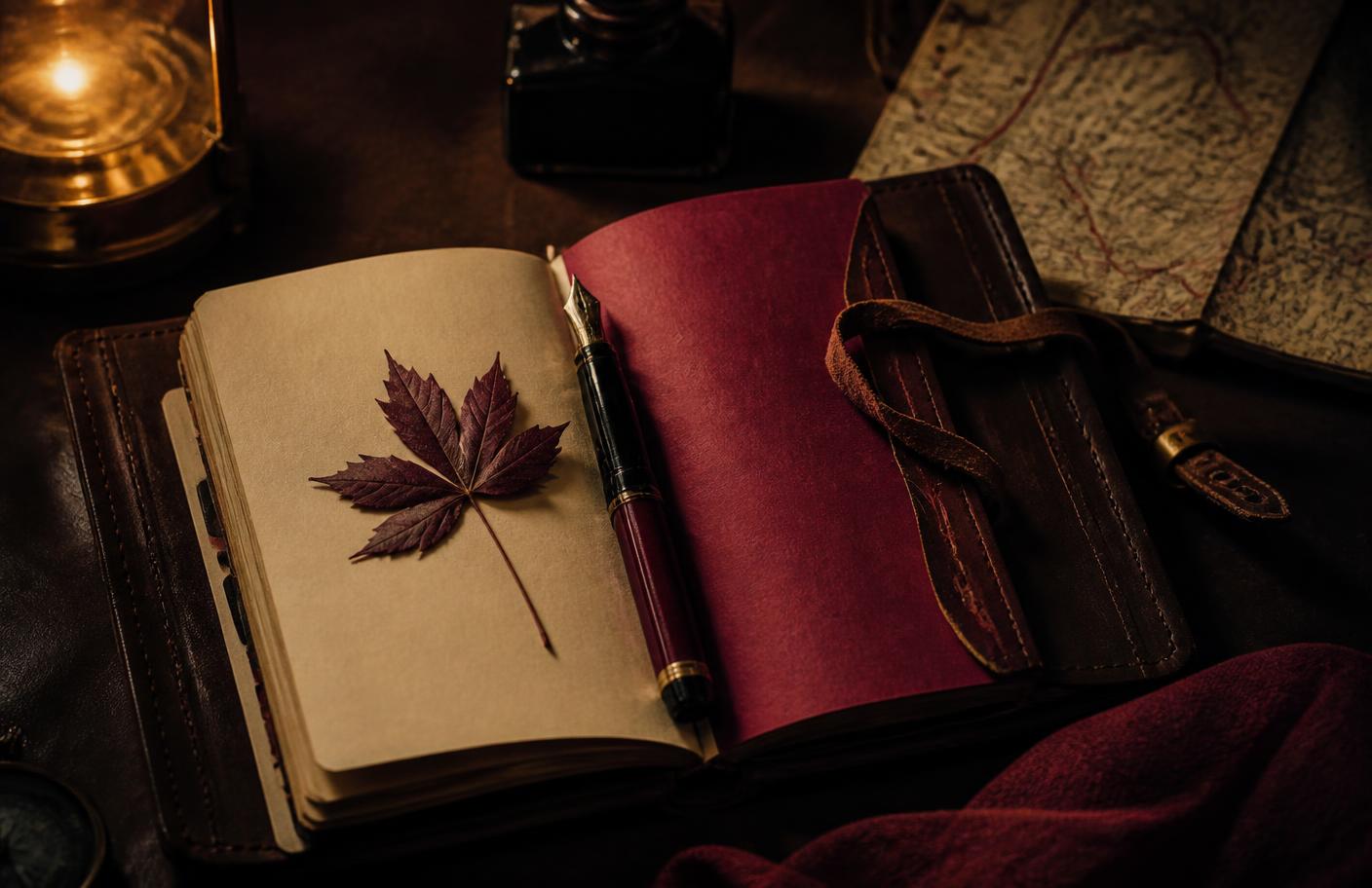 A field notebook and folded map in lamplight