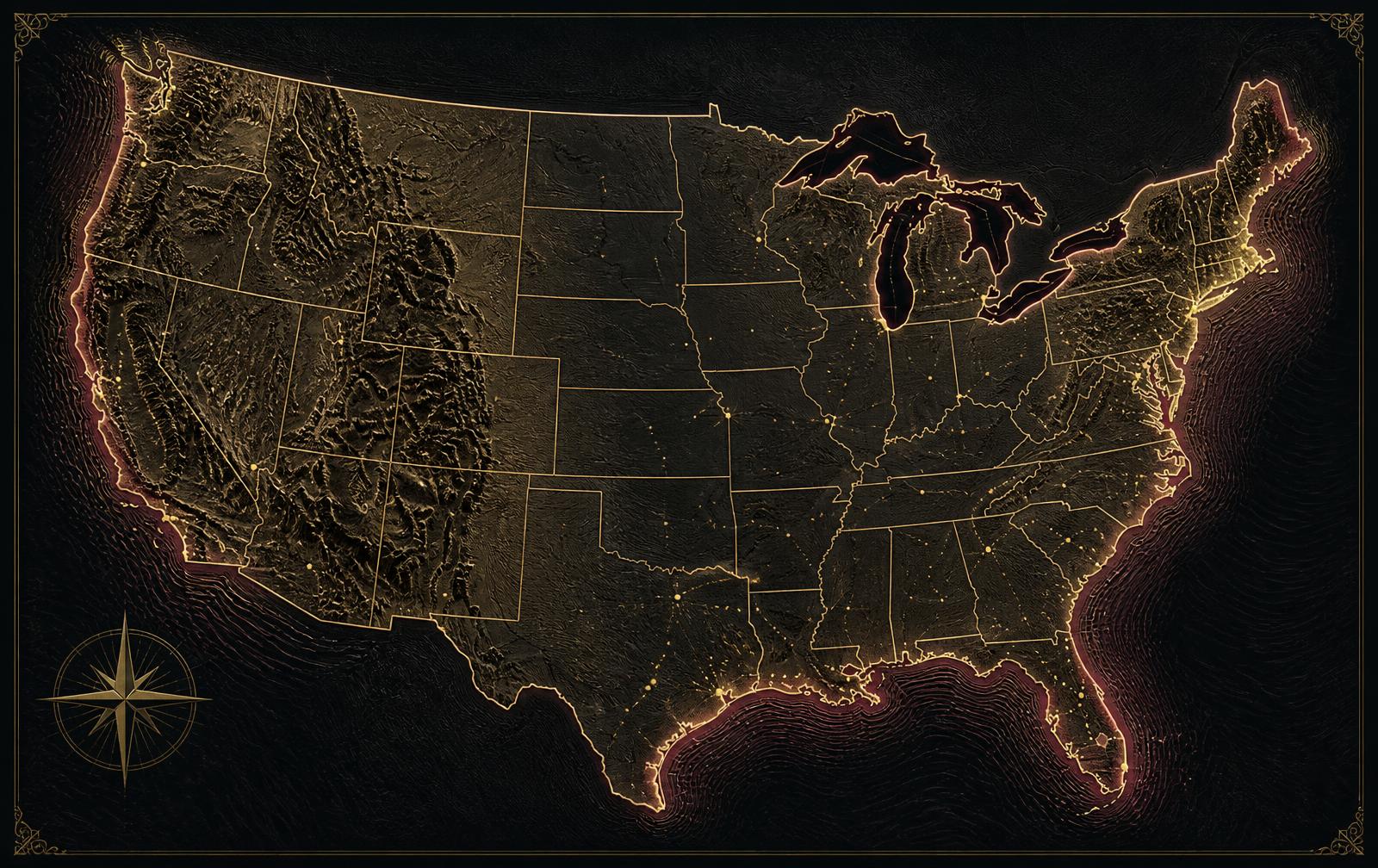 Gold engraved map of the United States on a near-black field