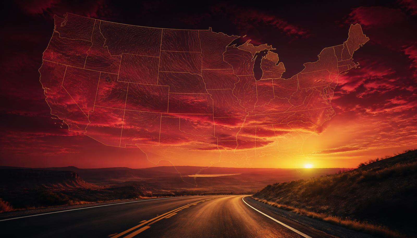 An illuminated American highway curving toward a sunset horizon beneath a golden map of the United States