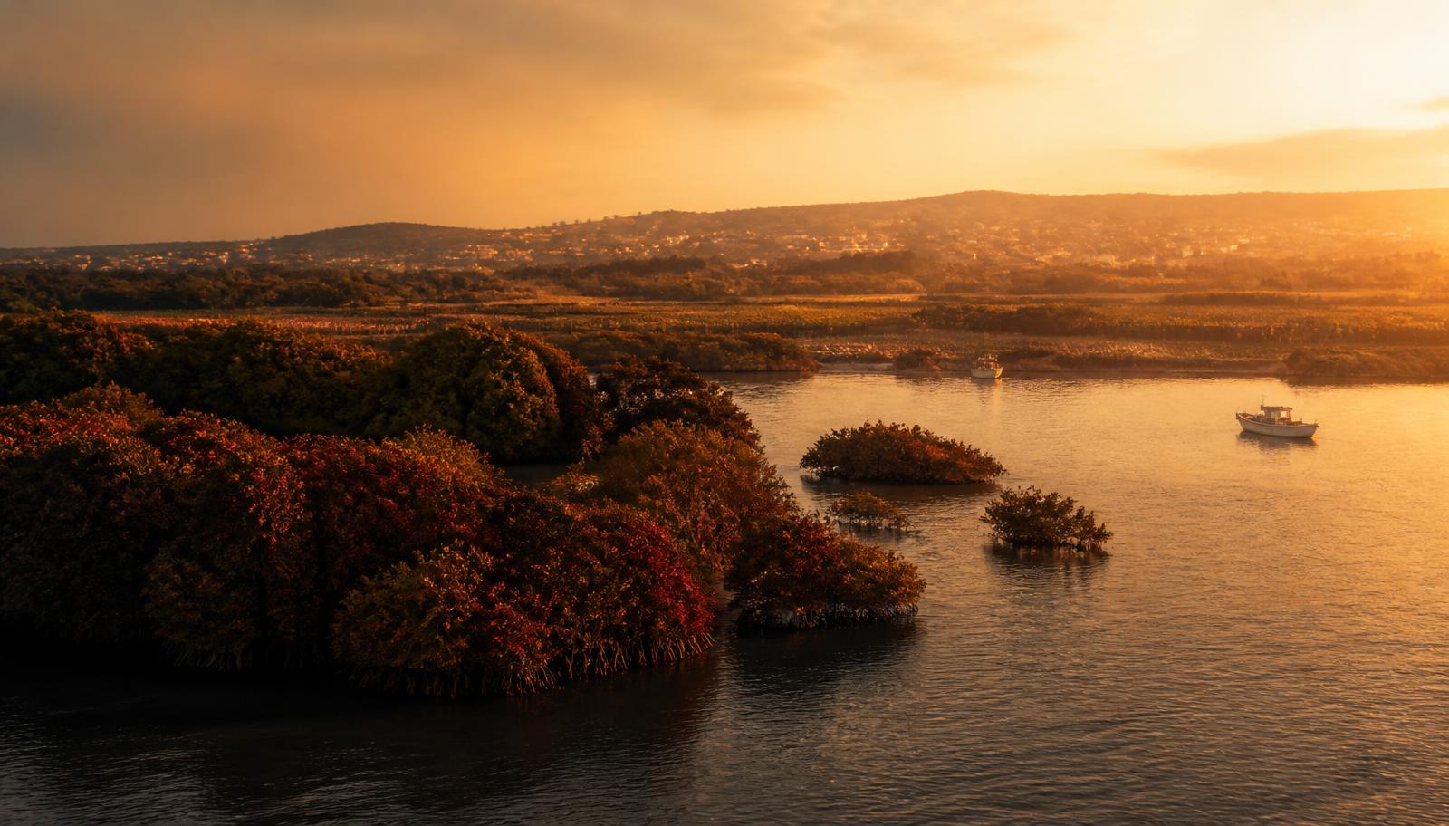 A warm coastal estuary at golden hour with mangroves, tidal water, farm fields, and small boats