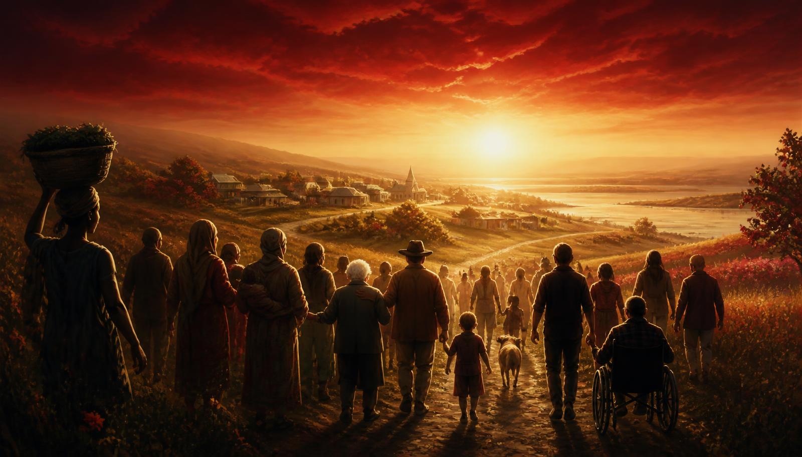People of many ages and cultures walking together at dawn toward homes, a church, a clinic, a classroom, and a shoreline