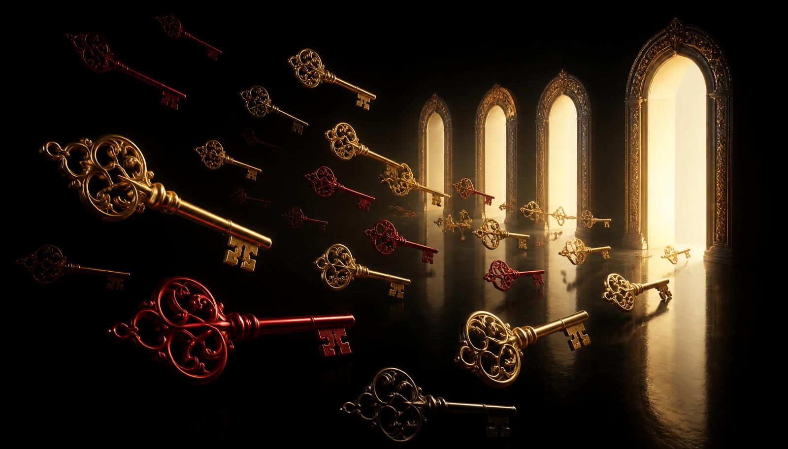 Many ornate gold and crimson keys converging toward several illuminated doorways